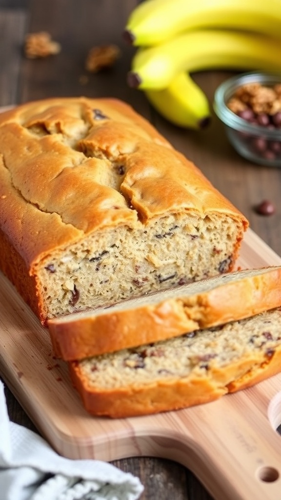 A golden loaf of gluten-free banana bread sliced on a cutting board with ripe bananas and nuts in the background.
